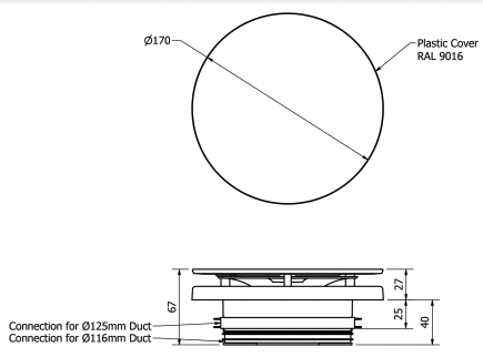 RVG 125 - Ventilatieventiel toevoer/afvoer Ø116/Ø125 75m³/h - grote ronde frontplaat regelbaar - kunststof wit